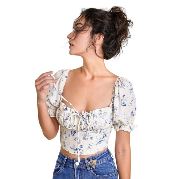 NWT J.ING Ivory Floral Print Square Neck Cropped Blouse - Picture 3 of 10